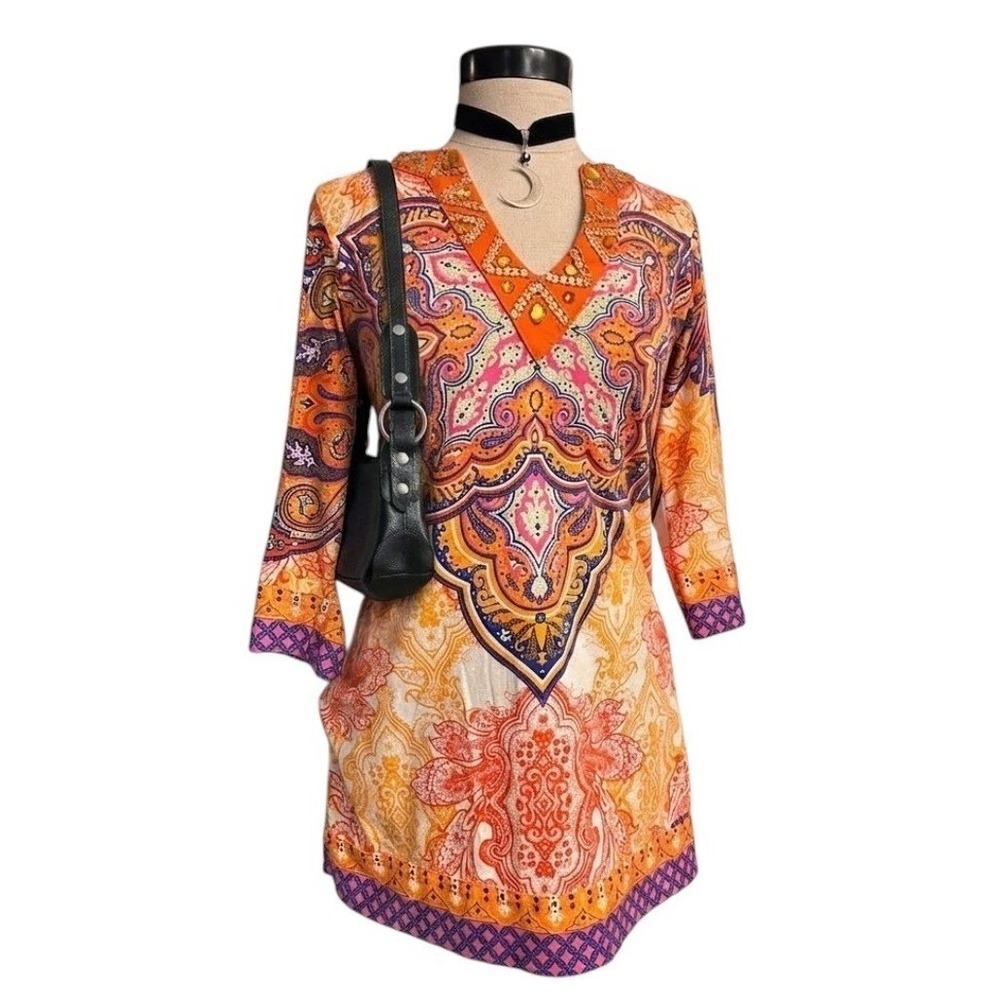 Paisley Tunic Top Mini Dress XSMALL Indie Boho Stretchy Summer